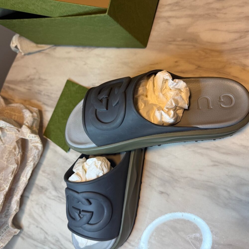 Gucci Grey Retro Interlocking Platform Slides pre… - image 16